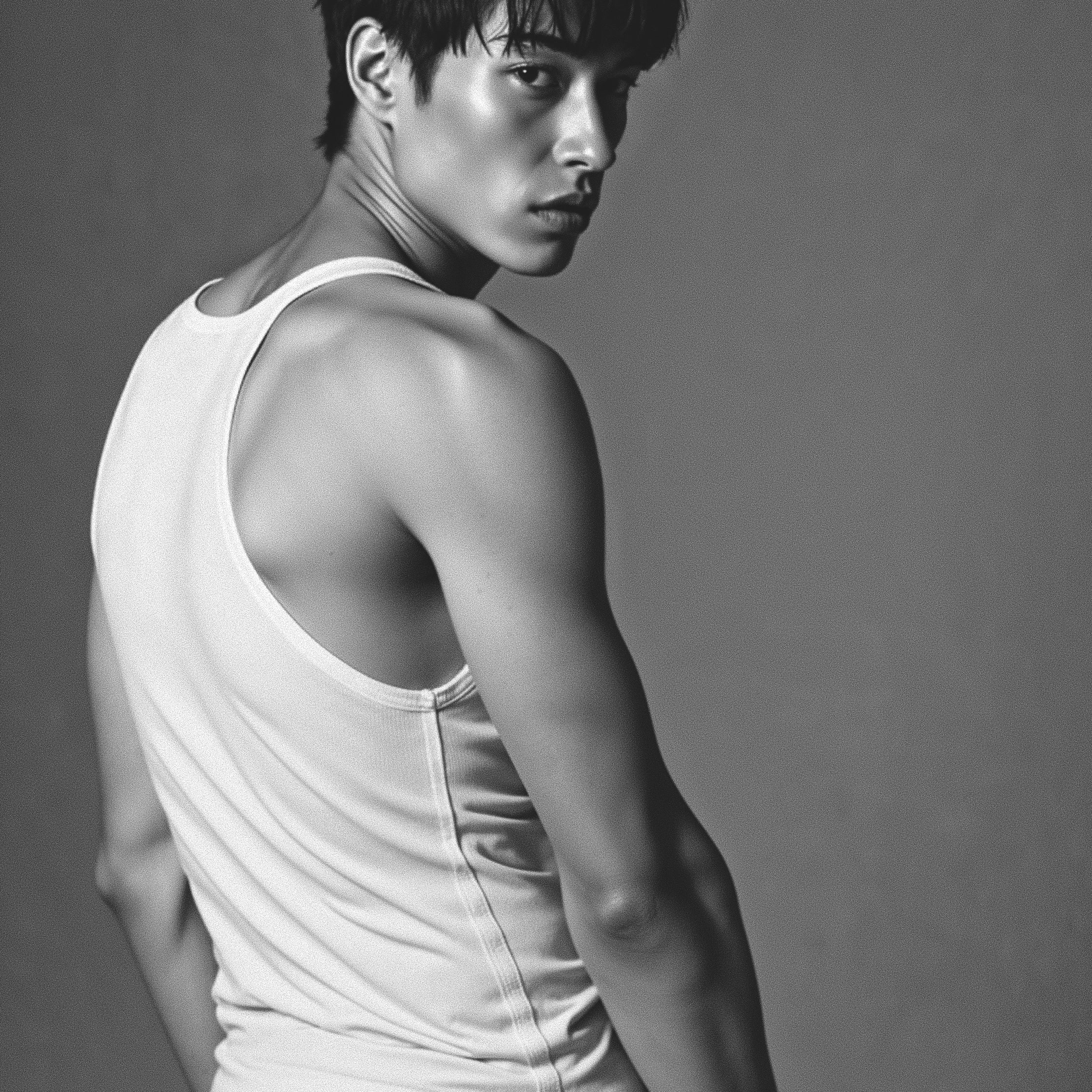 Editorial grayscale image of male form symbolizing intimacy and design minimalism