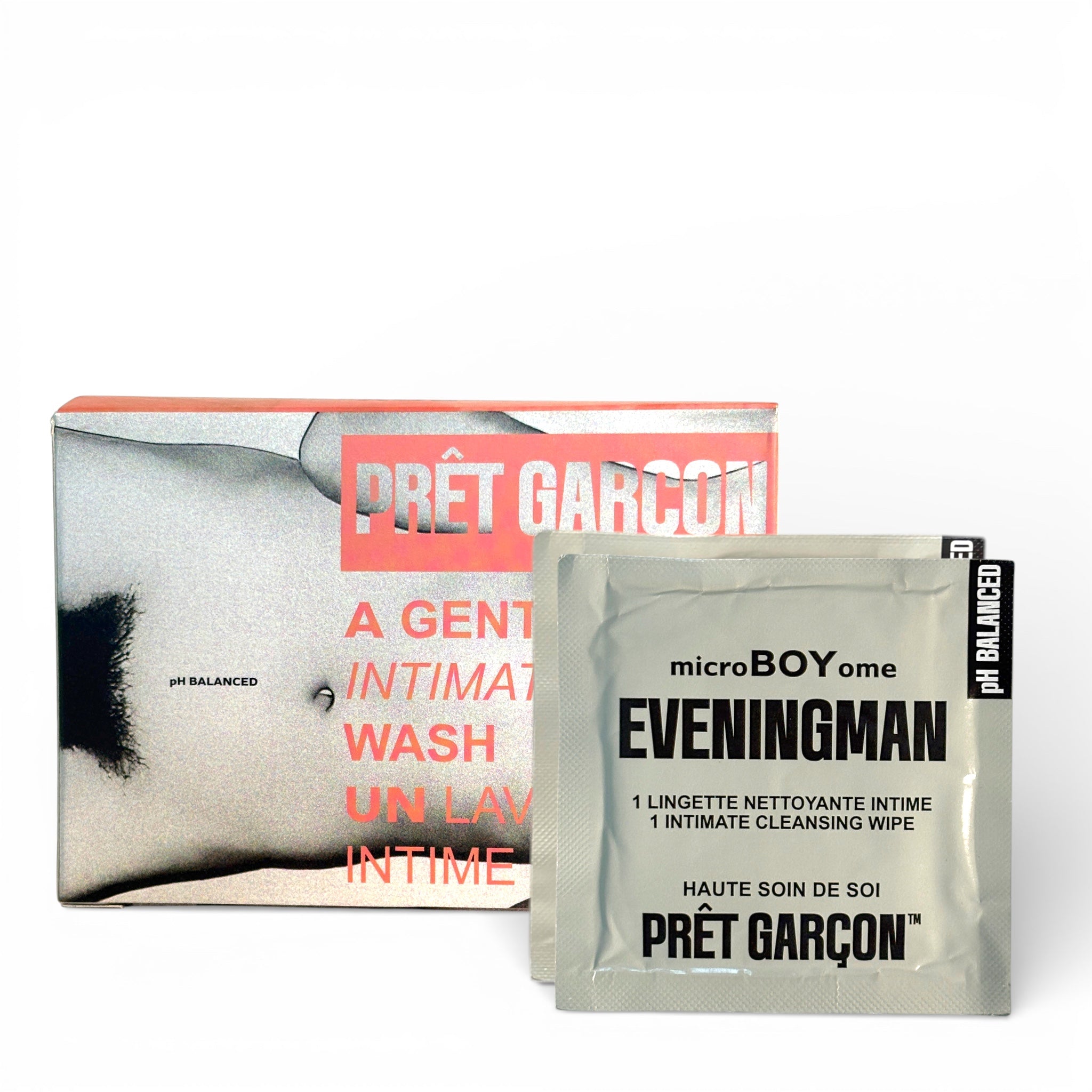 PRÊT GARÇON EVENINGMAN intimate cleansing wipes box with two  single sachets, luxury men’s intimate care packaging on white background.