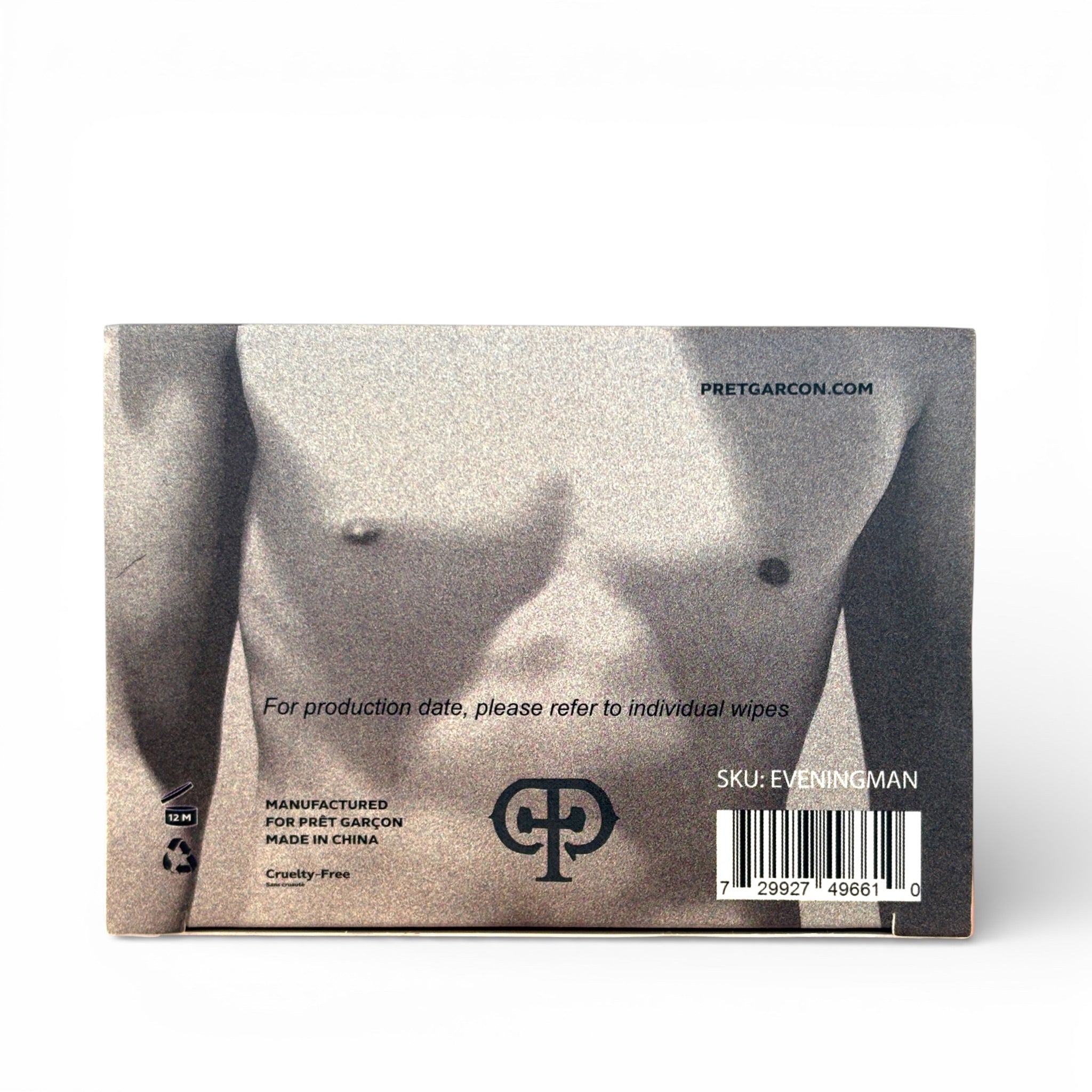 Back of PRÊT GARÇON EVENINGMAN box showing packaging details, barcode, and brand information.